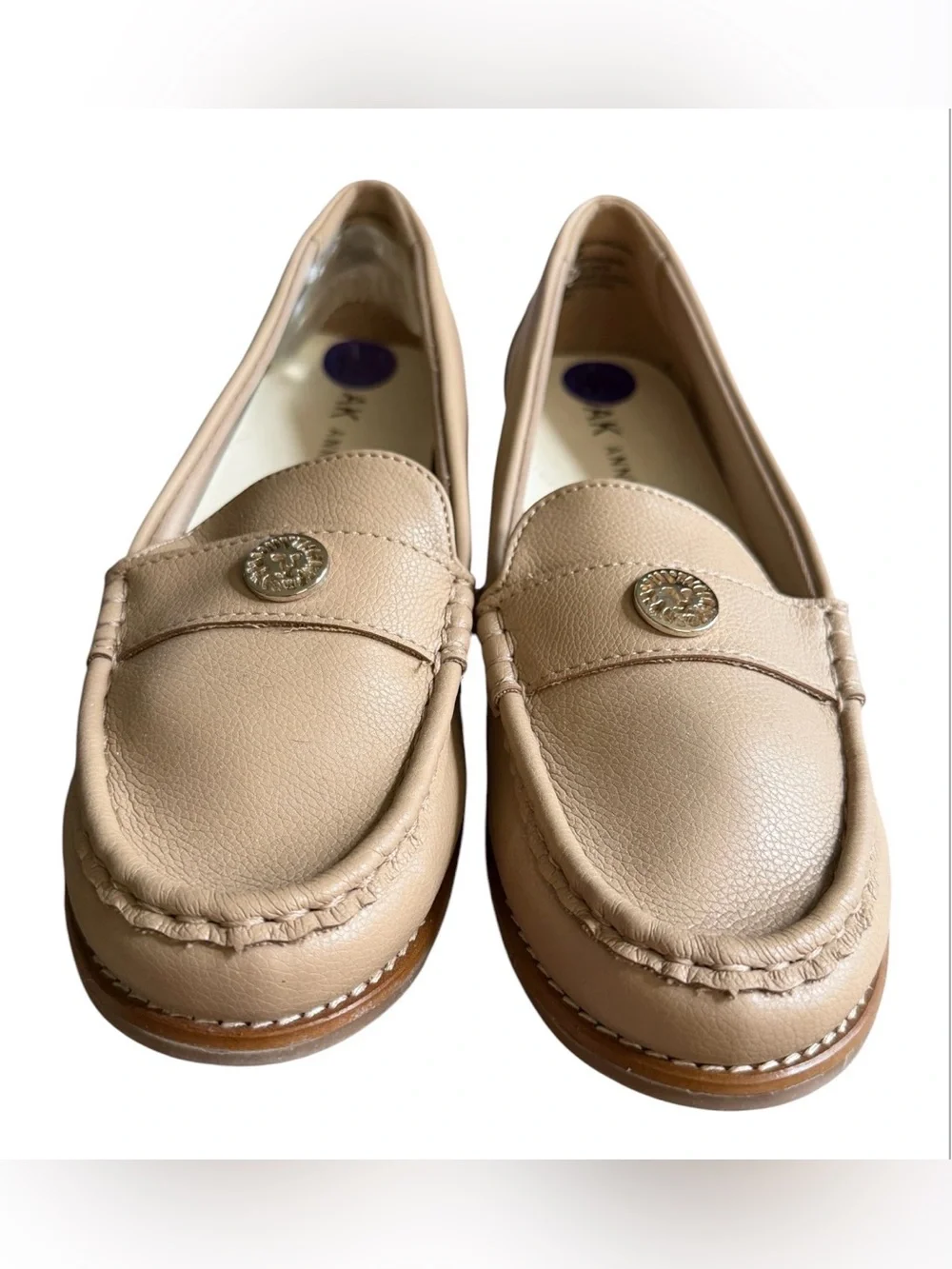 AK Anne Klein iFlex Taupe Loafers Moc Toe Logo Comfort Flats Size 8.5 Classic